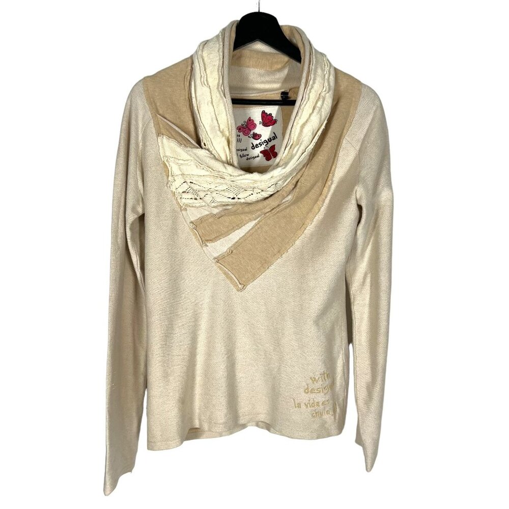 Desigual Cream Cowl Scarf Wrap Neckline Long Sleeve Top Large